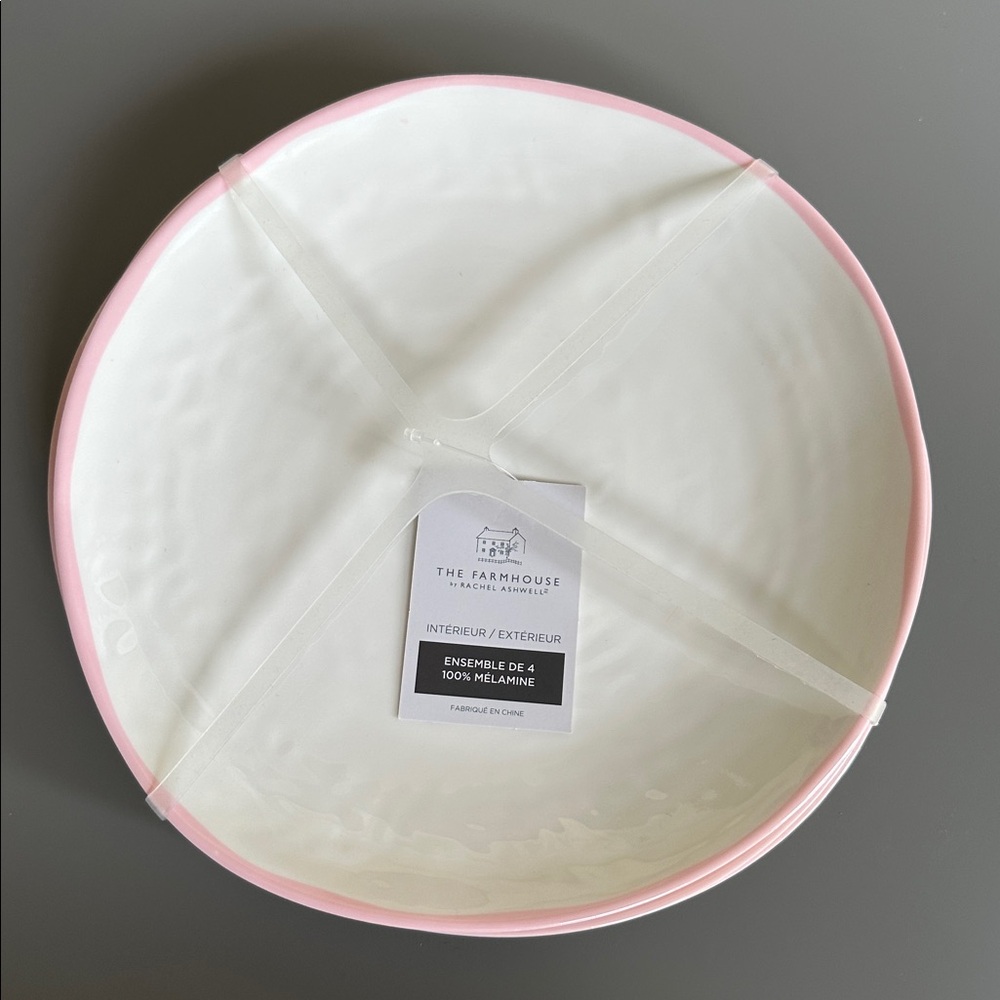 NWT The Farmhouse by Rachel Ashwell Melamine Salad Plates - Set of 4 (Pink Rim)